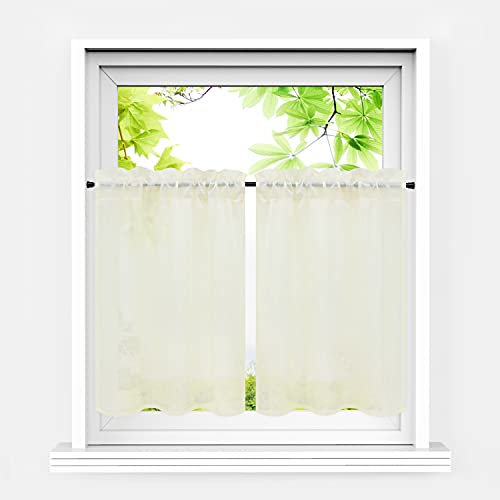 Heichkell Net Curtains Set of 2 Short Net Curtains Country House Style Semi-Transparent Bistro Curtain Linen Look Small Window Curtains Kitchen Cream W x H 66 x 61 cm x 2
