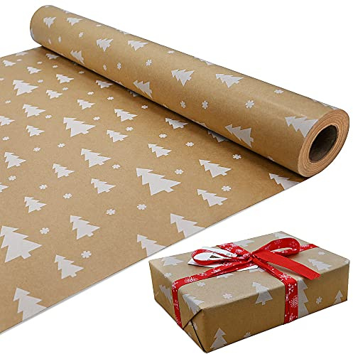 OTMVicor Paquete de Rollo de Papel de Regalo de Navidad de 43cm x 15M, Papel Kraft con Árbol de Navidad, Papel de Regalo Reciclable para Envolver Regalos de Navidad y Decoración de Fiestas