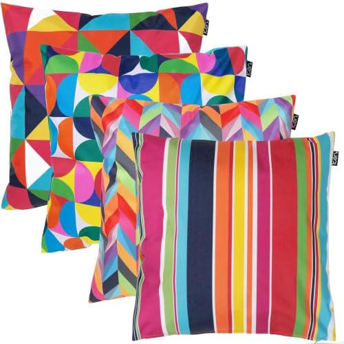 Bean Bag Bazaar Outdoor Cushions Filled, Bright Collection, Set of 4, Mix | Made in the UK, 43cm x 43cm, Durable Water-Resistant Fabric, Outdoor Cushions for Garden Furniture, Garden and Patio