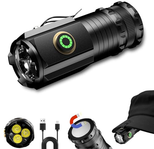 Aedcbaide Torches LED Super Bright, 2000 Lumens Rechargeable Torch, Powerful Small Pen Torch with Clip Magnetic Flashlight 5 Light Modes Cap/Camping/Work/Head Torch for Emergency