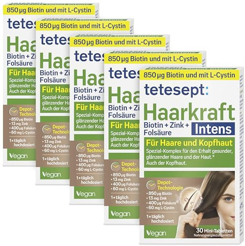 tetesept Haarkraft Depot Intens – 5 x 30 Mini-Tabletten - Nahrungsergänzungsmittel mit Biotin, Zink und Folsäure – für gesundes, glänzendes Haar und gesunde Haut