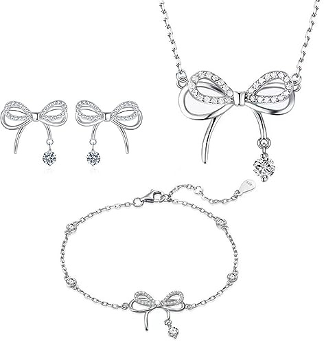CERSLIMO Jewellery Set for Women Girls - Dainty Butterfly Bow Pendant Necklace, Silver Stud Earrings for Women & Adjustable Silver Bracelet Set | Jewellery Set for Girlfriend Wife Wedding Gifts