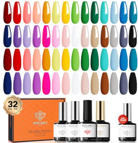 MODELONES 32Pcs Nail Polish Set, 28 Colors Rainbow Colorful Gel With Glossy & Matte Top Coat, No Wipe Base Coat, Nail Primer Kit, Neon Bright Yellow Green Blue Red Pink Polish Gifts