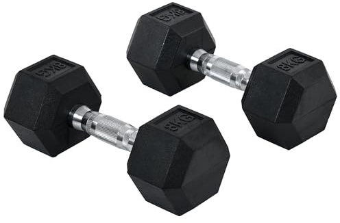 HOMCOM Ensemble d'haltères courtes total 2 x 8 Kg, haltères musculation fitness pour homme et femme, entraînement musculaire & haltérophilie - métal caoutchouc noir