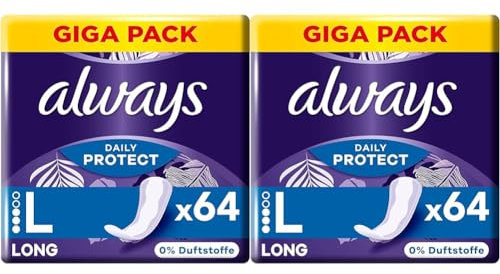 Always Dailies Protect Slipeinlagen Damen, Long (64 Binden) Gigapack, ohne Duft, atmungsaktiv, flexibel (Packung mit 2)