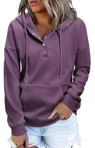 heekpek Kapuzenpullover Damen Hoodie Herbst Winter Warme Sweatshirt Langarm V Ausschnitt Knopfleiste Casual Kapuzenpulli Fleece Pullover für Damen, Lila, XL