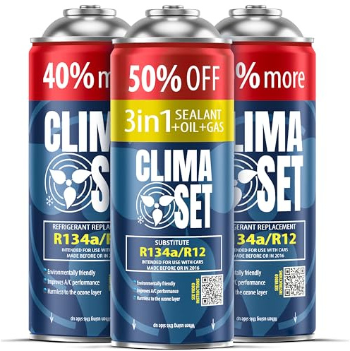 ClimaSet 3in1 R134a ersättningsgas för köldmedium - köldmedium luftkonditionering bil med tätningsmedel och olja för luftkonditionering - gasflaska 3x235 g voor airconditioning auto - ECO