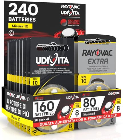 240 Batterie per Apparecchi Acustici Misura 10 PR70 (Gialle) con Sound Fusion Technology - 240 Pile: 160 Udivita + 80 Rayovac