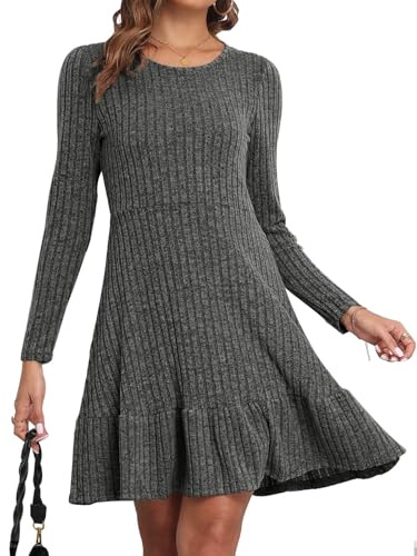 CheChury Stickad klänning för dam höst rund hals tröja långärmad bodycon-klänning vinterklänning elegant stickad tröja casual stretch klänning, Mörkgrå, XXL