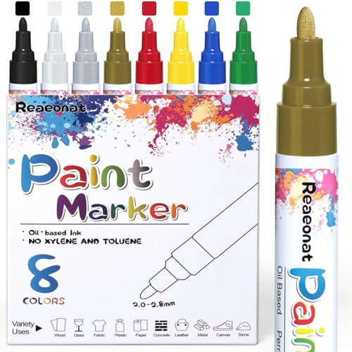 Reaeonat Permanent Paint Pens, 8 Coloured Oil-Based Marker Ink Pen Set for Rocks Painting, Wood, Fabric, Plastic, Mugs, DIY Craft