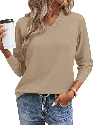 Joligiao Womens Jumpers UK Long Sleeve V Neck Ladies Knitted Tops Cashmere Blend Sweaters Casual Classic Plain Pullover Lightweight Sweatshirt for Autumn Winter Spring
