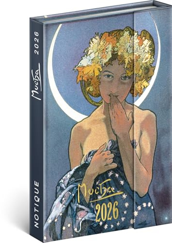 NOTIQUE Agenda 2026 - Mini planificateur de poche environ A6 avec fermeture magnétique, Calendrier hebdomadaire compact 11x16cm, Agenda en livre relié avec vue mensuelle (Alfons Mucha)