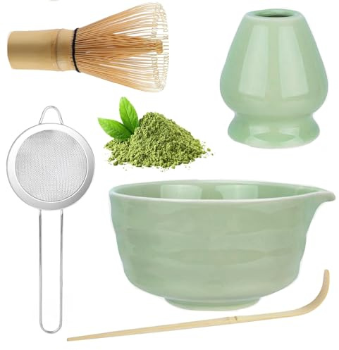 Bacxzomx 5 Piezas Matcha Kit, Matcha set con Batidor Bambu te Matcha, Cuchara, Colador, Soporte para la Batidora, Ciotola per Matcha, Juego Completo de Matcha