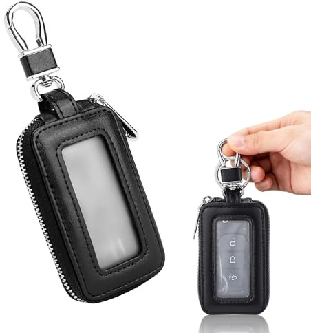 Noenaeni Leather Car Key Fob Case, Universal Car Key Holder | Car Key Holder with Metal Hook and Keyring Zipper Bag Transparent Window Auto Key Case Cover Protector for Men Women