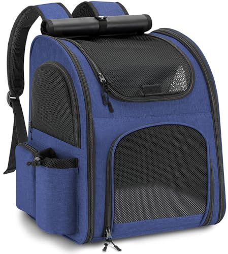 Zaino per Cani Gatti, Grande Zaino Gatto Cane 10 kg, Traspirante Zaino Porta Cane Gatto con Finestra a Rete, Zaino Trasportino Cani Gatto con Guinzaglio Interno e Tappetino per Viaggi - Blu