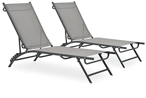 Mandloder Juego de 2 tumbonas textiles de acero, silla de relajación ajustable para jardín, terraza, playa, cómodo chaise longue, 180,5 x 53 x 32,5 cm, gris