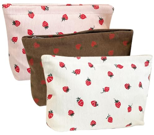 MLPKOI 3 Pezzi Beauty Case da Viaggio, Piccola Borsa per il Trucco per Borsa Pochette Donna Trucchi Fragola Trousse Trucchi Organizer per Cosmetici per Donne Ragazze