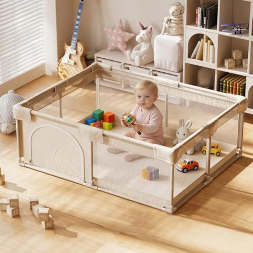 Koonmi Baby-Laufstall 150 x 180 cm, faltbares Laufgitter Beige
