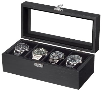 ProCase 4 Slot Wooden Watch Display Case With Glass Lid, Organizer | Elegant Wooden Watch Box With Glass Lid And Soft Lining For Men And Women, Ideal For Home Display And Birthday Gifts - Black