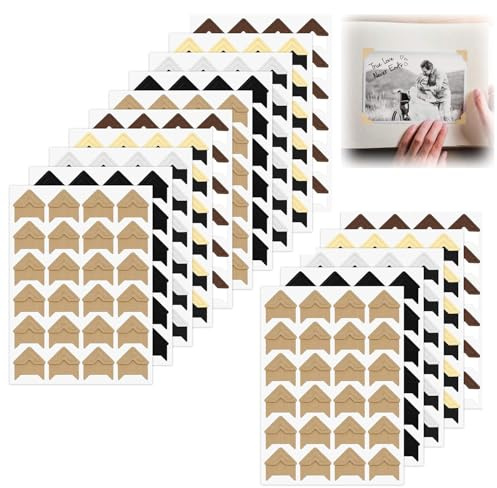 360 Pcs Photo Corners, 15 Sheets Self Adhesive Photo Corner Stickers, Photos Corners for Scrap Book, Paper Scrapbooking Mounts for Albums, DIY Crafts (Gold, Silver, Light Kraft, Black, Brown)