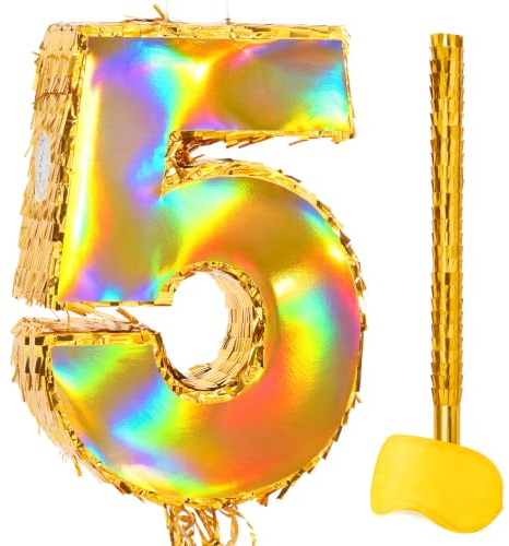 WERNNSAI Gold Foi Number 5 Pinata Pull String Number Pinata for Birthday | Pinata Bundle with Blindfold and Stick 5th Birthday Party Decorations Holographic Gold 5 Pinata Party Supplies