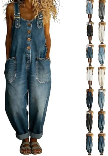 Générique Salopette Femme Jean - En Pour Sans Manches Coupe Ample Denim De Lavé Combinaisons À Jambes Larges Conception Boutons Et Réglables Avec Poches Décontracté Pantalon, Salopette Femme Jean