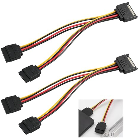 2 st SATA-fördelarkabel, 15-stifts SATA-strömkabel, hane till 2 Y-hona, dubbel strömförsörjning, 20 cm, SATA-splitter för SSD, HDD, CD-spelare, DVD-spelare, intern PC-förlängning