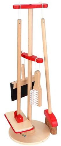 SOKA Wooden Toy Cleaning Kit Pretend Play Household Toy Set Includes Dustpan Broom Mop Brush Tool Kit Hanging Design Playhouse Games for Kids Toddlers Children Little Girls Boys Ages 3 year old +