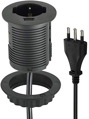 Electraline 61909 Multipresa con 1 Presa Grommet Polivalente (10/16A + Schuko) da incasso per Scrivania + 1 USB Quick Charge 2A, con cavo 2m, Nero