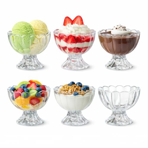 KMwares 5oz Glass Dessert Bowls Set of 6, Footed Tulip Ice Cream Cups, Small Vintage Glass Parfait Cups for Sundae, Fruit, Pudding, Snacks, Dessert Serving