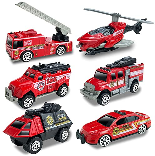 6 Pack Diecast Fire Truck, Mini Alloy Fire Truck Toy for Toddlers 3-5 Firetruck City Emergency Cars Toys Set for Kids Boys Age 3 4 5 6 7 Years Old Goodie Bag Stuffers Birthday Gift