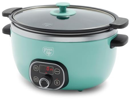 GreenLife - Olla de cocción lenta de cerámica de 6 cuartos de galón, sin PFAS, programable, extraíble y saludable antiadherente para comidas familiares, sellado en estufa, mantiene caliente,
