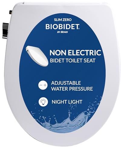 Bio Bidet Slim Zero Non Electric Bidet Toilet Seat Round, Low Profile Seat with Slow Close Lid, Battery Powered Night Light, Dual Nozzles, White