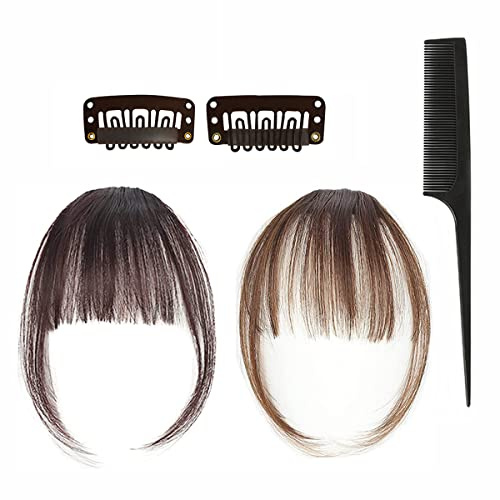 Frangetta Finta Capelli Clip, Frangia piatta per capelli sintetici naturali, Frangia Extension Frontale Fascia Unica Corti Hair Bang Fringe Hairpiece Posticci,2 pezzi(marrone chiaro, marrone Scuro)
