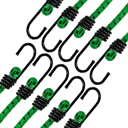 ANSIO Bungee Cords with Hooks 32 (80cm) Pack of 10 Bungee Straps - Green | UV-Resistant & Ideal for Securing Luggage, Racks, Camps, Motorcycles, Tarps, Garden Furniture & DIY Storage