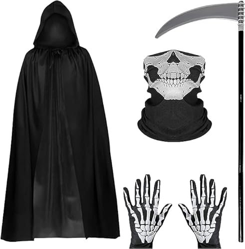 Kostüme Halloween , Sensenmann , Kapuzen-Samt-Umhang, 150 cm schwarzer mit , Schädelmaske, Geisterhandschuhe, abnehmbare -Sense, Dark Reaper-Halloween-Kostüm