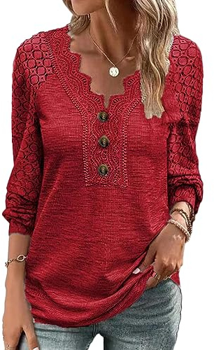 shownicer Femme Sweater Col V Tricot Pull Femme Long Épaules Dénudées Chemise Manche Longue Chandail Lâche Tunique Tops Basique A Rouge XL