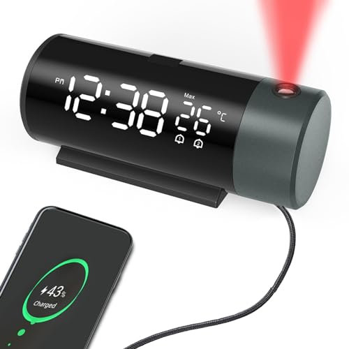 TWFJEL Wecker Digital, Multifunktion 180° Projektionswecker mit Temperatur LED Bildschirm 4 Helligkeitsstufen einstellbar 12/24H Anzeige Dual Alarm Mit Schlummer für Schlafzimmer, Büro, Schlafsaal