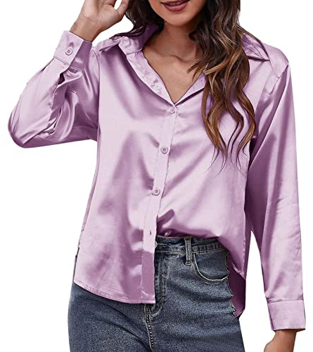 Camisa larga de satén para mujer, sexy, elegante, cuello en V, informal, de seda, manga larga, blusa para mujer, Lila., S