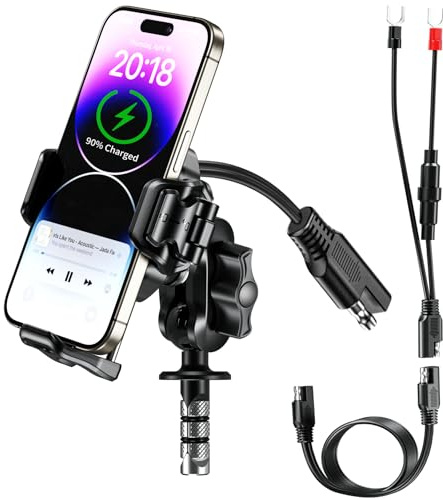 BRCOVAN Motorcycle Fork Stem Phone Mount Holder with Qi 15W Wireless Charger & 36W PD/USB-C Fast Charging Port, Anti-Theft, with Vibration Dampener, 1s Lock & Release, Camera Friendly, Adjustable Size