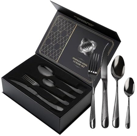 Set di posate da 24 pezzi, posate martellate, coltello in acciaio inox, forchetta, cucchiaio, set di posate per 6 persone, posate moderne in argento, per casa/ristorante/feste, colore nero