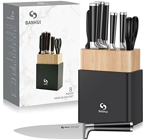 SANHUI 8 Piece Kitchen Knife Sets with Wooden Block,Premium High Carbon Stainless Steel Knife Block Set with Chef, Bread, Santoku, Carving, Utility, Kitchen Scissors and Sharpener
