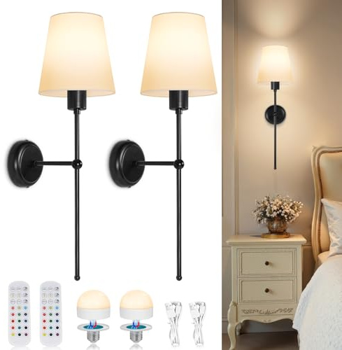 Dehobo Battery-Operated Wall Sconces, Rechargeable LED Wall Lights Set of 2, Dimmable Wireless Lamp with 3 Color Temperature, 12 RGB and Remote for Bedroom Living Room Hallway - Black