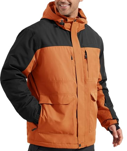 FREE SOLDIER Veste de ski imperméable pour homme avec doublure en polaire, col neige chaud pour l'hiver avec capuche et coutures entièrement étanches, Orange et Noir, L