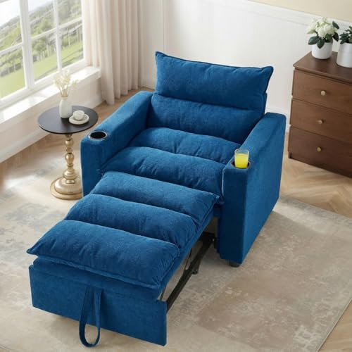 Trygoal 3-in-1 Convertible Sleeper Chair, Velvet Pullout Chair with Cup Holders, Recliner Sofa Bed with 3 Adjustable Angles, Convertible Lazy Sofa Bed for Small Spaces Home Office, Blue