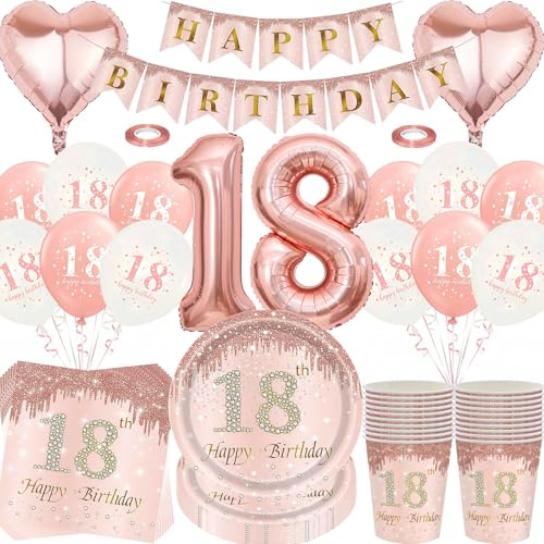 18. Födelsedagsdekorationsset, 80 stycken roséguld 18. Födelsedagsfestservis set med stora 18 år folieballong partytillbehörsset, Happy Birthday-papperstallrik, koppar, luftballong, servetter