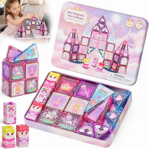 Kit de voyage de blocs magnétiques pour filles : 60 min de jeu tranquille, 42 tuiles magnétiques Licorne & princesses, boîte métallique portable pour la voiture et l'avion, cadeau pour les 3 à 6 ans
