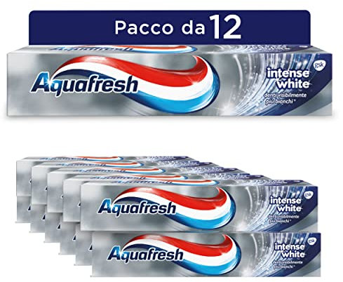 Aquafresh Intense White, Dentifricio con Effetto Sbiancante, per Gengive Sane, Denti Forti e Alito Fresco, Pacco da 12x75 ml