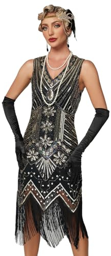 Viloree Vestido con Flecos y Lentejuelas con Cuello en V de los años 20 y Accesorios de los años 20