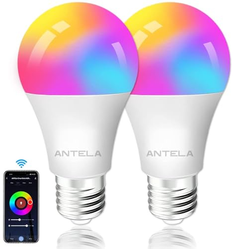 ANTELA Smart Bulb E27 Alexa WiFi Light Bulbs, 9W 1000LM LED Screw Bulb 2700K-6500K RGB Multicolored Dimmable, Smart Life App Control, Compatible with Alexa, Google Home, No Hub Required, 2.4GHz, 2PCS